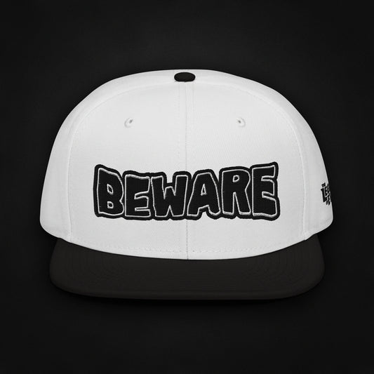 Beware - Embroidered - Snapback Hat (White/Black)